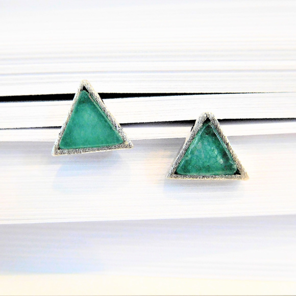 Petite Jade/Sterling Silver Triangle Studs - Picture 1 of 2